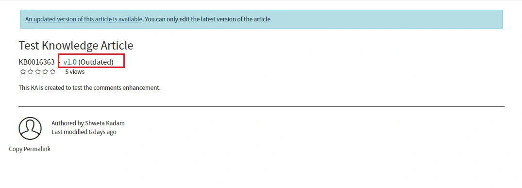 Test Knowledge Article Outdated